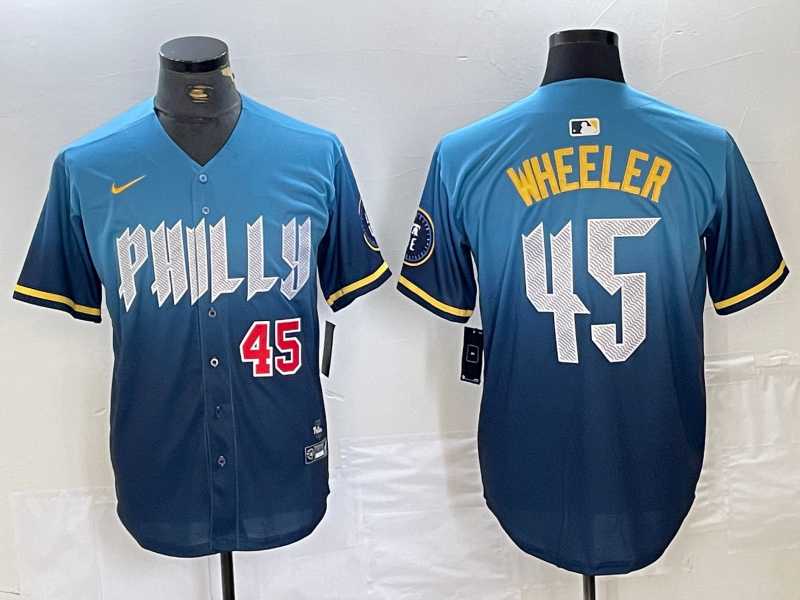 Mens Philadelphia Phillies #45 Zack Wheeler Blue 2024 City Player Number Cool Base Stitched Jerseys->philadelphia phillies->MLB Jersey